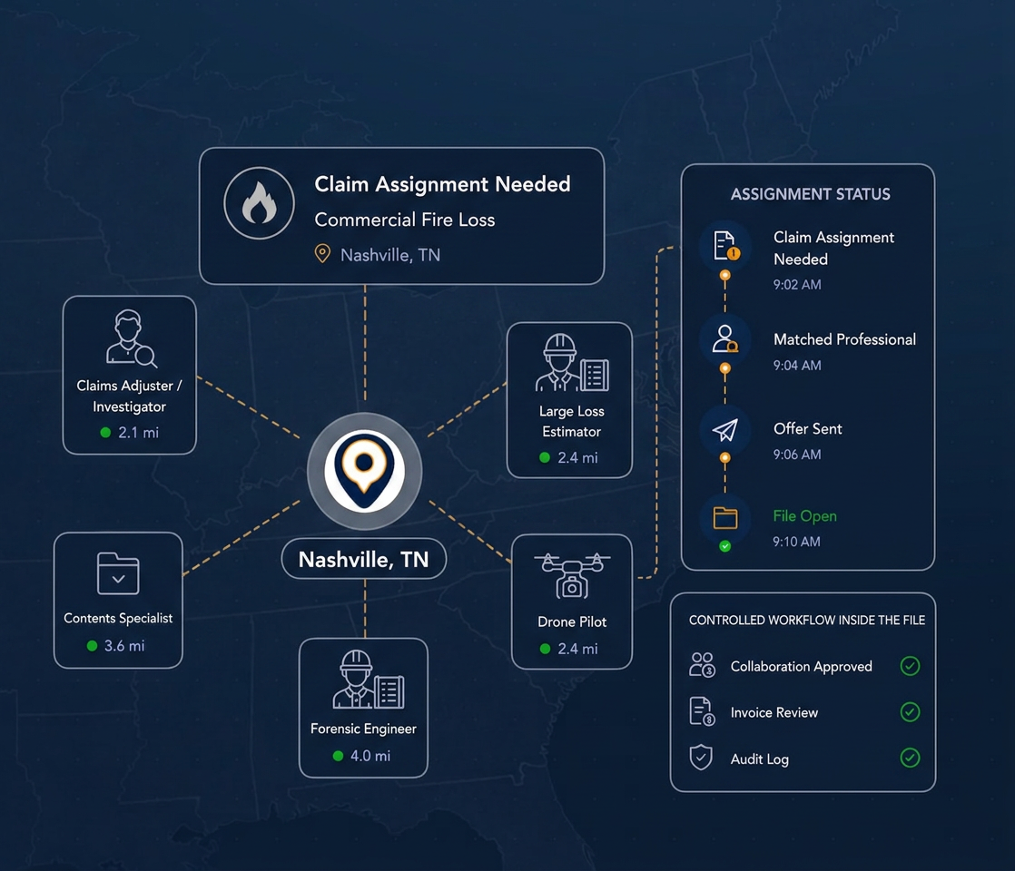 GigForce Claims map showing a Nashville commercial fire assignment matched to nearby credential-reviewed professionals with assignment status and controlled workflow